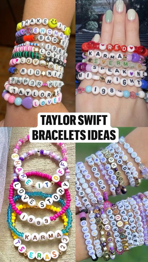 Taylor Swift bracelets Bracelets For Taylor Swift Concert, Cute Taylor Swift Friendship Bracelets, Bracelet Designs Taylor Swift, Diy Taylor Swift Bracelet, Preppy Taylor Swift Bracelets, Willow Bracelet Taylor Swift, Taylor Swift Beads Bracelet, Taylor Swift Bracelet Ideas Pony Beads, Taylor Swift Bracket Ideas