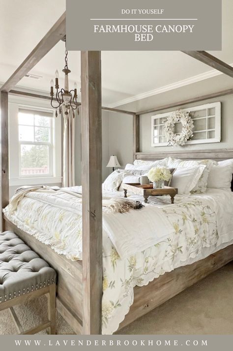 Farmhouse Canopy Beds, King Size Bed Frame Diy, Diy King Bed, King Size Canopy Bed, Pottery Barn Bedrooms, Wood Canopy Bed, Barn Bedrooms, Canopy Bed Diy, Canopy Bed Frame