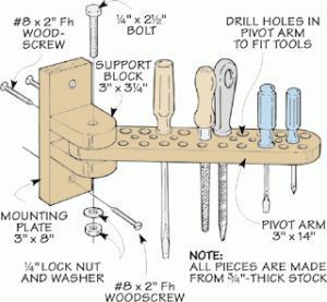 Simple and functional Swing-Out Tool Holder. This looks practical and functional, when wall space in your shop is at a premium! Workshop Organisation, Router Shelf, Bar Plans, Smart Tiles, Tool Rack, Workshop Organization, Shop Organization, Woodworking Jigs, Workshop Storage