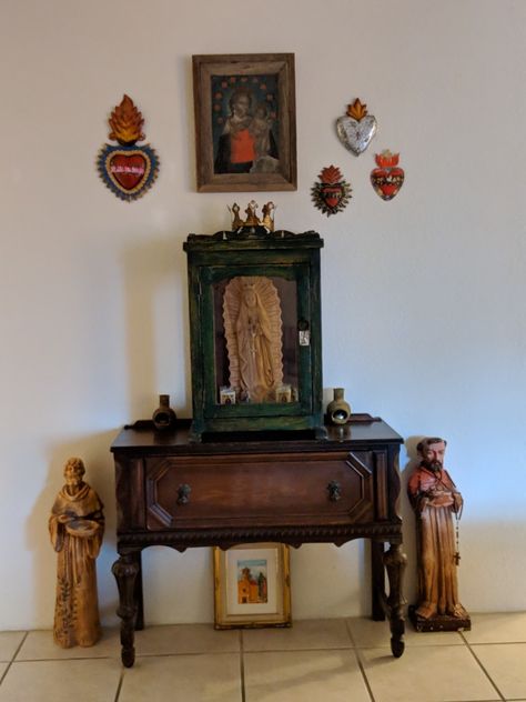 Vintage Mexican Decor, Mexican Room Decor, Mexican Shrine, Santa Fe Style Decor, Mexican Room, Mexican Bedroom, Mexican Wall Decor, Antique Buffet, Mexican Wall