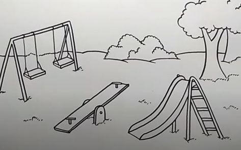 Playground Drawing Step by Step Playground Scene Drawing, Slide Drawing Playground, Playground Drawing Easy, Park Drawing For Kids, Seesaw Drawing, Playground Sketch, Playground Drawing, Kindergarten Drawing, Speed Draw