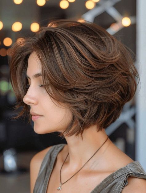 Short Messy Bob Choppy Layers Fine Hair, Highlights For Dark Brown Hair Short, Short French Haircut, Retro Short Hairstyles, Hair Color Ideas For Short Hair, Neck Length Hair With Layers, Short Shag Bob, Elegant Short Hair, Haircut Tip