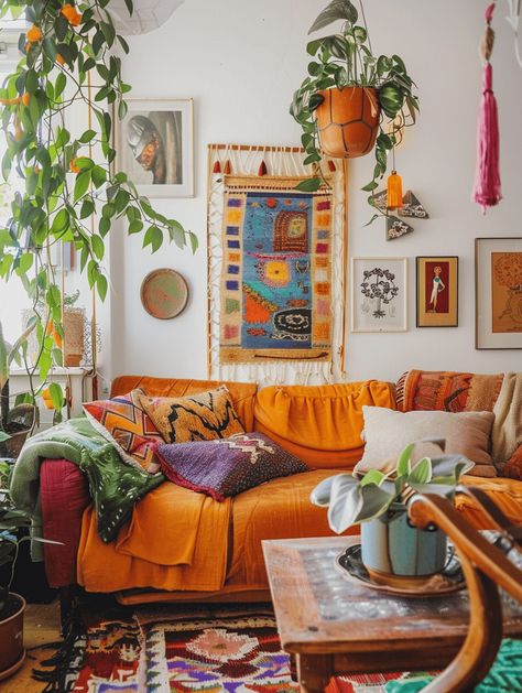 Colorful Sitting Room Ideas, Blue And Orange Boho Living Room, Warm Colorful Living Room, Living Rooms Eclectic, Living And Kitchen Open Concept, Orange Couch Living Room Ideas, Living Room Ideas Colorful, Room Ideas Colorful, Eclectic Bohemian Living Room