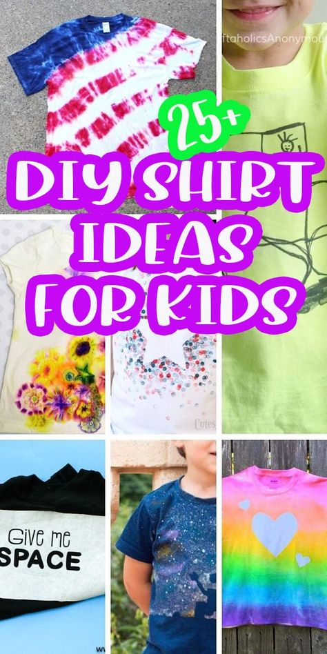 super fun diy shirt crafts for kids to make. You will love these creative diy t shirt crafts PLUS kids can make them. Hours of summer fun with diy shirt ideas for kids. via @lifesewsavory Decorating Tshirts Diy, Tshirt Crafts For Kids Easy Diy, T Shirt Decorating Ideas For Kids, T Shirt Crafts For Kids, T Shirt Decorating Ideas, T Shirt Painting Ideas Creative, Diy Shirt Ideas, Diy Valentine's Shirts, Diy Kids Shirts