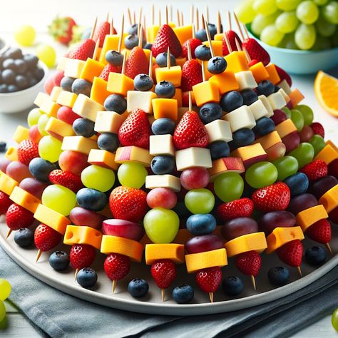 Simple Fruit and Cheese Skewers Fruit And Cheese Skewers, Cheese Kabobs, Cheese Skewers, Fruit Kebabs, Skewer Appetizers, Fruit Platter Designs, Fruit Skewers, Fruit Kabobs, Party Food Buffet