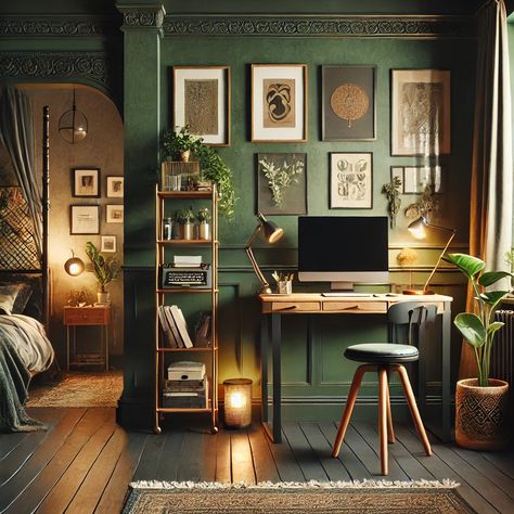 Office Aesthetic Green, Green And Gold Hallway, Dark Green Home Office Ideas, Dark Green Gaming Room, Enchanted Forest Office, Green Writing Aesthetic, Dark Green Office Ideas, Green Study Room, Green Office Ideas