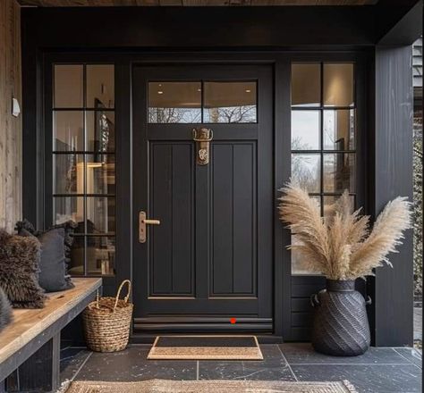 Black Farmhouse Exterior Door, Large Black Front Door, Black Double Front Door Entrance, Farmhouse Black Front Door, Black Entry Door Interior, Modern Double Front Doors, Exterior Stone House, Front Doors Black, Black Front Door Ideas