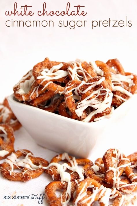 White Chocolate Cinnamon Sugar Pretzels Recipe / Six Sisters' Stuff Cinnamon Sugar Pretzels Recipe, Pretzel Recipes, Cinnamon Sugar Pretzels, White Chocolate Recipes, Six Sisters Stuff, Snack Mixes, Six Sisters, Pretzels Recipe, Chocolate Cinnamon