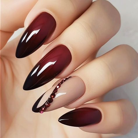 Maroon Nails Almond Art Designs, High Gloss Nails, Black And Wine Nails, Ombre Red Nails, Mulberry Nails, Dark Red Nails With Design, Red Almond Shaped Nails, Her Nails, Ombre Nail Designs