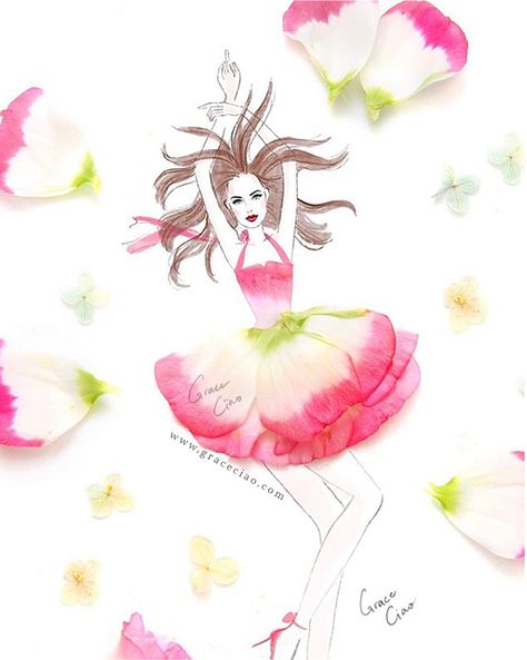 www.graceciao.com Grace Ciao, Flower Dress Art, Flower Petal Art, 3d Monster, Monster Ideas, Flower Art Drawing, Spots Pattern, Fashion Illustration Dresses, 3d Drawings