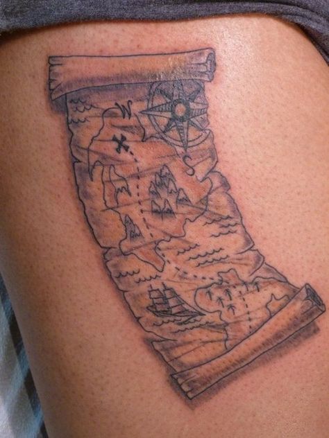 Old Map Tattoo, Treasure Map Tattoo, Map Tattoo Ideas, Pirate Map Tattoo, Tatoo Adventure, Nautical Sleeve, Lost Tattoo, World Map Tattoos, Pirate Map