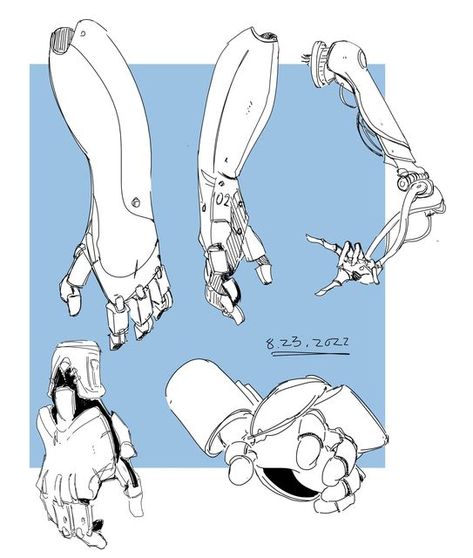 Croquis, Robotic Hands Drawing, Mechanical Arm Character Design, Welding Helmet Drawing, How To Draw Mechanical Parts, Robot Hand Concept Art, Mech Drawing Design Reference, Robot Arm Drawing Design Reference, Mechanical Arm Concept Art