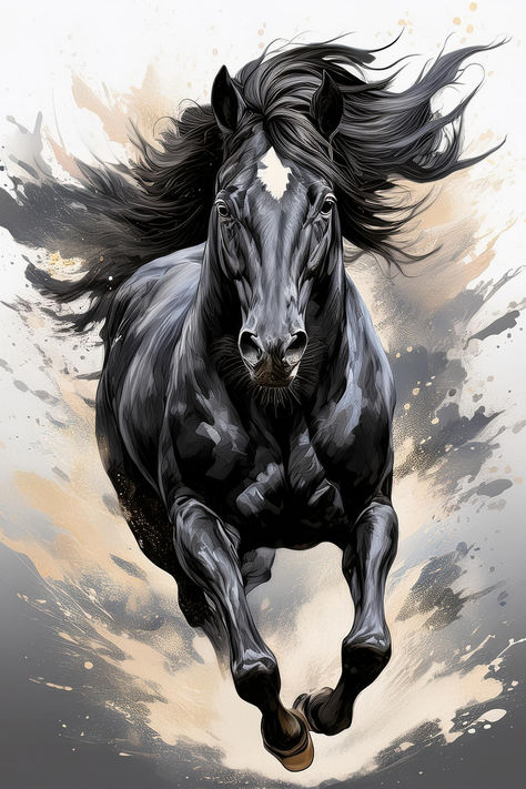 Black stallion horse in full gallop. Black Horse Art, Black Horse Painting, Black Stallion Horse, The Black Stallion, Stallion Horse, Horse Art Drawing, Majestic Horses, Horse Oil Painting, Stallion Horses