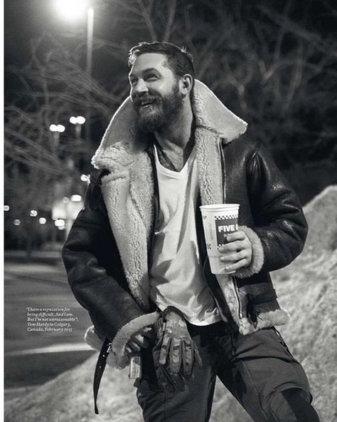 Tom Hardy wearing his Bane jacket and holding a five guys cup. This may very well be the greatest image on earth. Tom Hardy, A Man, Leather Jacket, Coffee, Leather