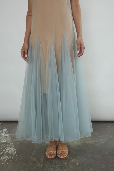 Delicate Fashion Aesthetic, Sheer Dresses Outfit, Skirt With Godet, Fashion Uniform, Tulle Fashion, Layered Tulle Dress, Godet Dress, Camille Dress, Powder Blue Color