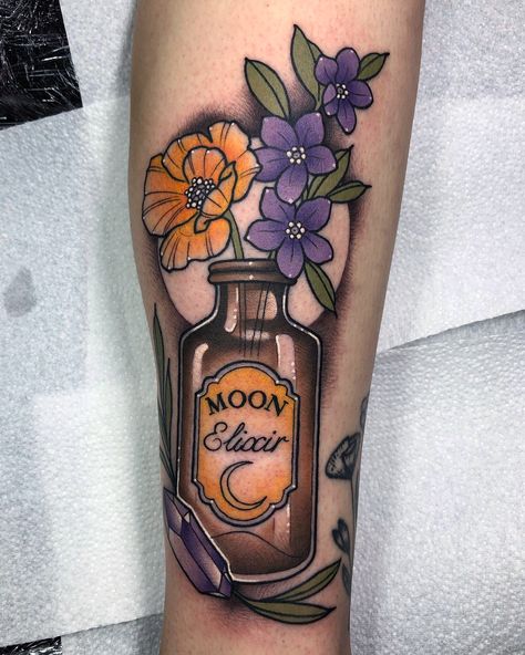 Neotraditional bottle, flowers and crystal Selina C Tattoo Potion Bottle Tattoo, Halloween Tattoo Ideas, Bottle Flowers, Imprimibles Halloween, Traditional Tattoo Inspiration, Bottle Tattoo, C Tattoo, Witch Tattoo, Spooky Tattoos