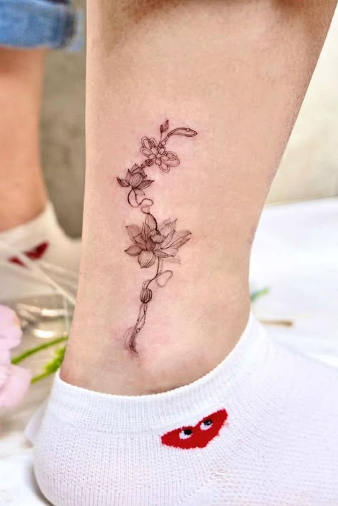 Asian Lucky Charm Tattoo, Lucky Charm Tattoo, Red Lotus Tattoo, Enchanted Tattoo, Simple Lotus Tattoo, Flower Vine Tattoos, Small Lotus Tattoo, Lotus Tattoos, Korean Tattoo