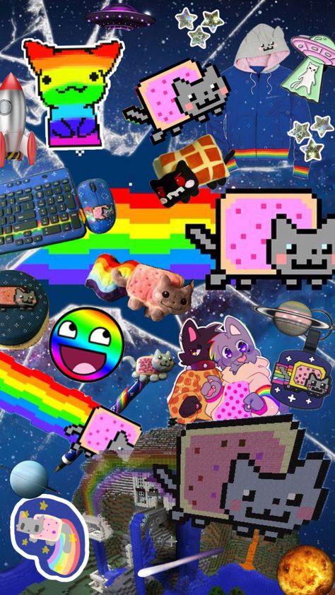 Nyan Cat collage #nyancat #tacnayn #rainbow #cat #minecraft #space #awesomeface #plushies Scene Core Wallpaper, Cat Minecraft, Minecraft Space, Nya Cat, Scene Kid Art, Cat Collage, 2010s Nostalgia, Cat Emoji, Scene Wallpaper