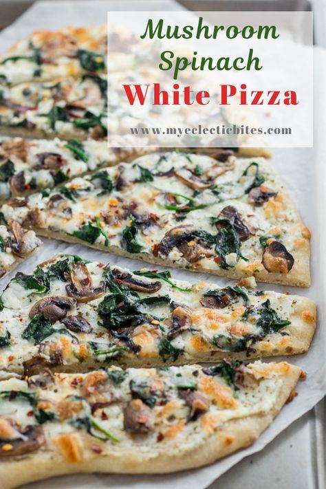 White Pizza Recipes, Mushroom Spinach, Pizza Dough Recipe Easy, Mushroom Pizza, White Pizza, Veggie Pizza, Pizza Recipes Homemade, Spinach Stuffed Mushrooms, Pizza Night