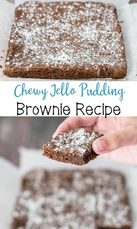 Jello Pudding Brownie Recipe from my Grandma!  It's a delicious, chewy brownie recipe that is super easy to make! Sprinkle with a little powdered sugar! Chocolate Pudding Brownies, Grandma Brownies, Chewy Brownie Recipe, Pudding Brownies, Jello Pudding Desserts, Chewy Brownies Recipe, Brownie Desserts Recipes, Simple Desserts, Grandma's Recipes