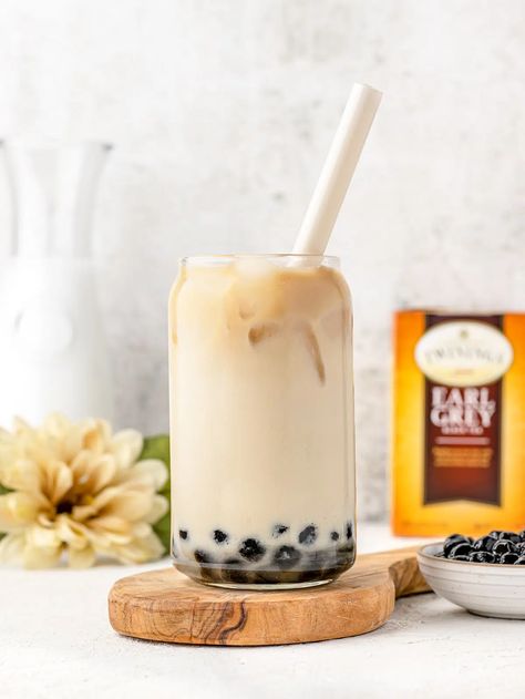 Earl Grey Milk Tea with Boba - Entirely Elizabeth Earl Grey Milk Tea, Entirely Elizabeth, Milk Tea With Boba, Caffeine In Tea, Milk Tea Recipes, Boba Pearls, Used Tea Bags, Flavored Milk, Grey Tea