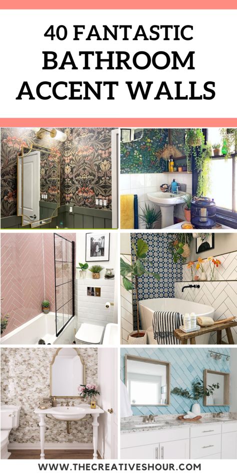 40 Brilliant Bathroom Accent Wall Ideas You Will Love Bathroom Mural Ideas, Small Bathroom Wallpaper Ideas, Unique Wall Ideas, Tile Accent Wall Bathroom, Bathroom Accent Wall Ideas, Room Tiles Wall, Powder Room Tile, Bathroom Wall Coverings, Painted Feature Wall