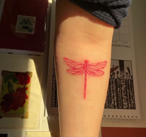 Dragonfly Tattoo, Line Work Dragonfly Tattoo, Red Line Work Tattoo, Red Dragonfly Tattoo, Red Dragonfly, Body Decoration, Quilling Work, Hand Tattoos For Women, Red Tattoos