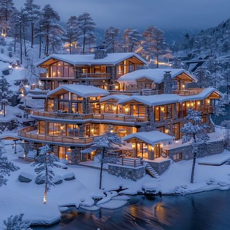 Luxury Cabins Mountain Dream Homes, Snow Mansion, Snow Cabins, Log Cabin Mansions, Big Cabin, Dark Light Academia, Winter House Exterior, Light Academia Decor, Cabin Mansion