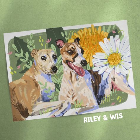 Riley & Wis! This was my first digital portrait using my lovely new tablet. I really enjoyed working on this - I played around with composition and scale a lot, and I am very happy with how it turned out 💚 When I posted my process video of this, I got a lot of 🧌 commenting mean things and trying to bring me down. It's hard not to let it get to you, to be honest... But in the end, the customer was happy, and I learned some new skills, so I counted this one as a win 🥰 #whippet #whippetart #lu... Greyhound Art, Animal Illustration Art, Custom Pet Art, Pet Illustration, Bring Me Down, Animal Portraits Art, Art Diary, Animal Painting, Dog Illustration