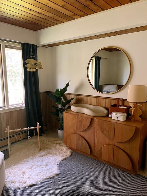 Before & After: Our Mid-Century Nursery Reveal! — Kate Eskuri Mid Century Modern Changing Table, Mcm Nursery Mid Century, Post Modern Nursery, Nursery In Studio Apartment, Walnut Wood Nursery, Modern Nature Nursery, Wood Theme Nursery, Rustic Modern Nursery, Mid Mod Nursery