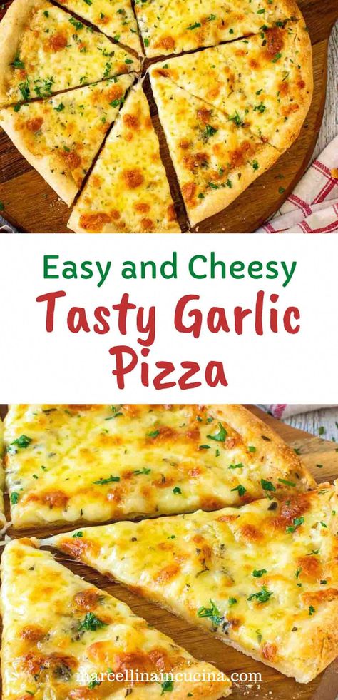 Cheesy Pizza Recipes, Mozzarella Pizza Recipes, Cheesy Garlic Pizza, Tortilla White Pizza, Garlic Cheese Pizza, Garlic Pizza Recipe, Garlic Butter For Pizza Crust, White Pizza Ideas, Garlic Pizza Crust Recipe