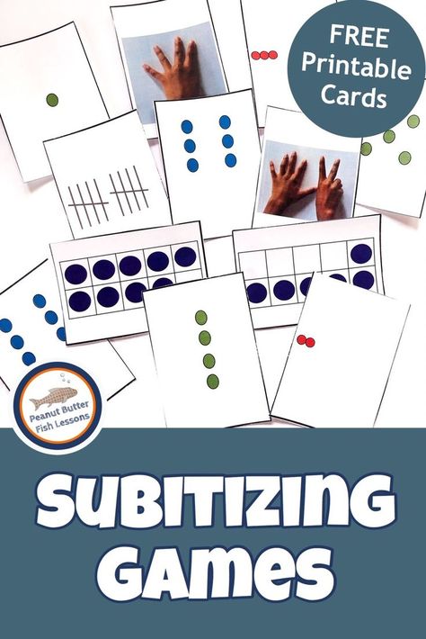 Subitizing is a key number sense skill that is critical to building a strong math foundation.  Print these FREE subitizing cards and then play one of the six games with your children. #subitizing #math #kindergarten #firstgrade Mental Math Kindergarten, Subitizing Kindergarten, Subitizing Games, Subitizing Cards, Subitizing Activities, Teach Addition, Butter Fish, Math Centres, Printable Math Games