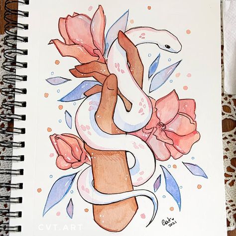 Animal Painting Ideas, Painting With Flowers, Snake Painting, Beautiful Dawn, Animal Painting, Watercolor Animals, Painting Ideas, Flowers, Animals