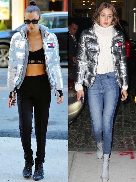 Bella and Gigi Hadid in matching silver Tommy Hilfiger puffer jacket winter outfits Silver Vest Outfit Women, Silver Puffer Jacket Outfit, Silver Jacket Outfit, Yellow Puffer Jacket, Silver Puffer Jacket, Puffer Jackets For Women, Puffer Jacket Style, Puffer Jacket Outfit, Red Puffer Jacket