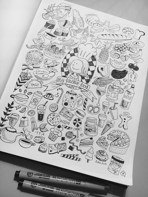 Drawing | My favorite foodies Foodie Doodle Art, Illustrated Journal, Doodle Art, Art Journal, Book Art, Mixed Media, Sketch Book, Bullet Journal, My Favorite