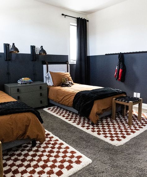 Brothers Shared Room Ideas, Mom And Son Shared Bedroom Ideas, Black Boys Room Ideas, Toddler Safe Bedroom, Little Boys Shared Room, Brothers Shared Bedroom Ideas, Monster Truck Bedroom Ideas Boy Rooms, Two Bed Bedroom Ideas, Big Boy Room Ideas For Kids