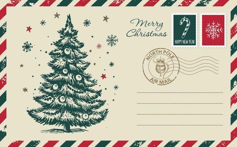 Ideas Jardin, Postcard Illustration, Ideas Navidad, Christmas Mail, New Year Postcard, Christmas Envelopes, Tree Stamp, Noel Diy, Christmas Stationery