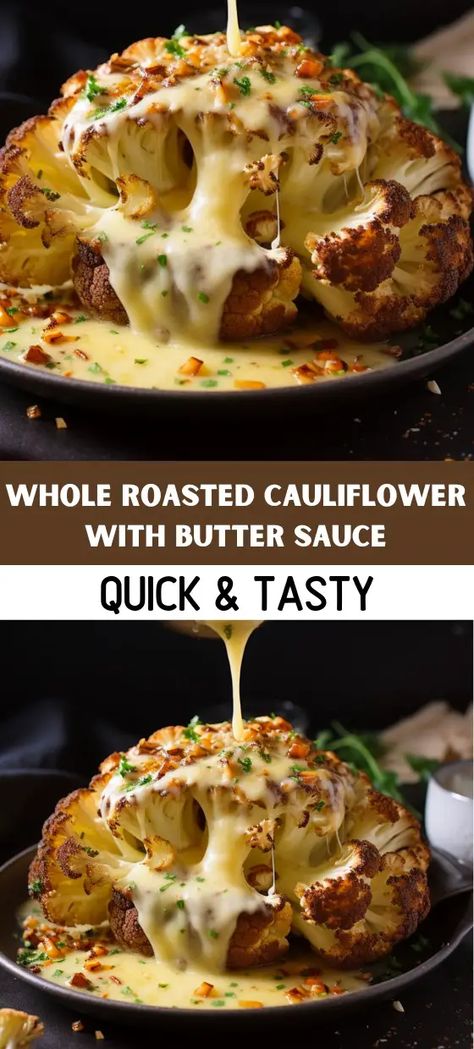 Whole Roasted Cauliflower With Butter Sauce Roasted Cauliflower Head, Roasted Cauliflower Recipe, Low Carb Side, Oven Roasted Cauliflower, Roasted Cauliflower Recipes, Vegetarian Main Course, Cauliflower Dishes, Whole Roasted Cauliflower, Cauliflower Recipe