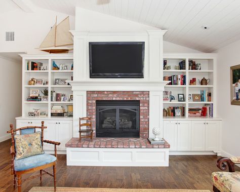 Raised Hearth Design, Pictures, Remodel, Decor and Ideas - page 4... hearth in 1 material instead of this Fireplace Brick, Built In Around Fireplace, Built In Shelves Living Room, Fireplace Shelves, Slanted Ceiling, Fireplace Built Ins, Farmhouse Fireplace, Traditional Fireplace, Fireplace Remodel