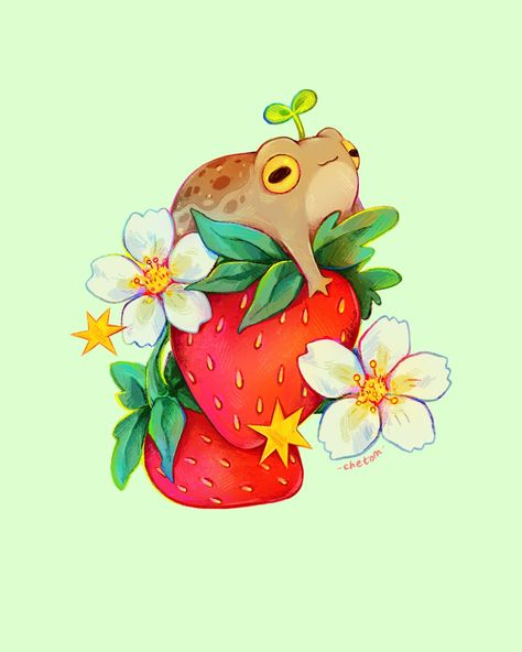 cute colorful whimsical inspiration frog toad desert rain frog illustration digital art desert rain frog on strawberry with flowers painted by chetom Cute Widgets, Frosch Illustration, Strawberry Frog, Frog Illustration, 동화 삽화, Frog Tattoos, Frog Drawing, Frog Art, A Frog