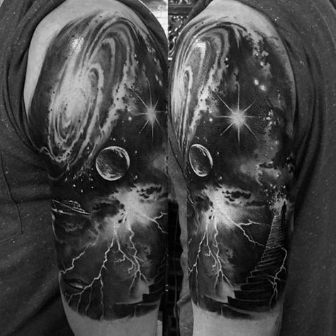 Guy With Half Sleeve Outer Space Thunderstorm Tattoo Design Thunderstorm Tattoo, Galaxy Tattoo Sleeve, Space Tattoo Sleeve, Ankle Tattoo Men, Word Tattoo Ideas, Space Tattoos, Backpiece Tattoo, Mayan Tattoos, Heaven Tattoos