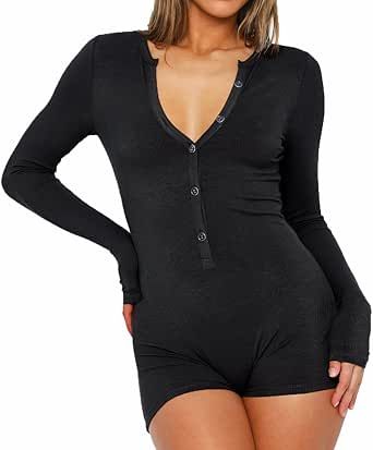 INFITTY Women Long Sleeve V Neck Rompers Ribbed Button Down Yoga Rompers Sexy Pajama Unitard Outfit Unitard Outfit, Y2k One Piece, Bodycon Bodysuit, One Piece Jumpsuit, Pajama Romper, Shorts Romper, Long Sleeve And Shorts, Short Rompers, Outfit Style