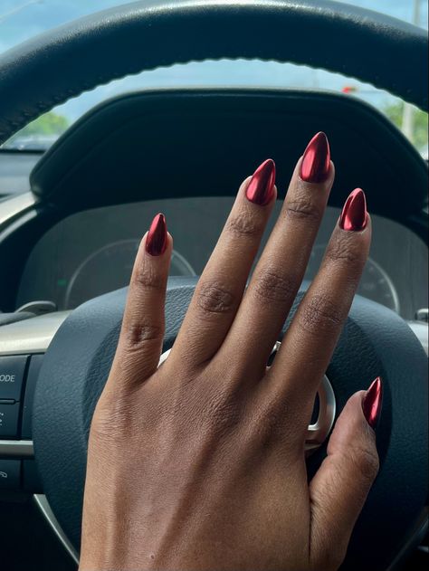 Red chrome femme fatale aesthetic nails almond shape red sultry chrome red wine nails French Gel Nails Designs, Red Chrome Almond Nails, Biab French Tip, Cherry Wine Nails, Red Sparkle Nails, Black Cherry Nails, Almond Nails Red, Red Chrome Nails, Gel Nails French