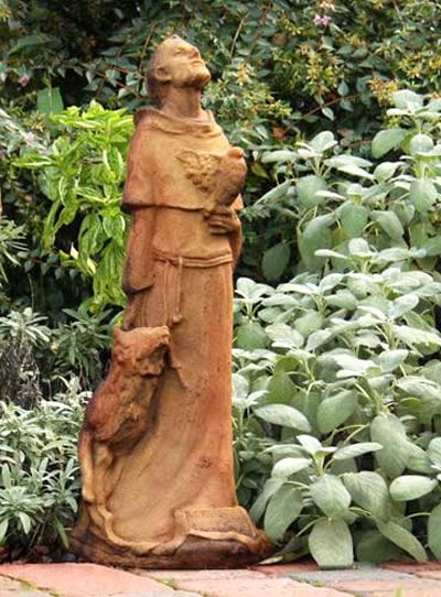 Saint Francis Statue- 26.5 Inch, Fiberstone-All-Products, FS9314 - AllSculptures.com St Francis Statue, Francis Assisi, Indoor Sculpture, St Francis Assisi, Deer Garden, Prayer Garden, Memorial Ideas, Sandstone Color, Catholic Statues