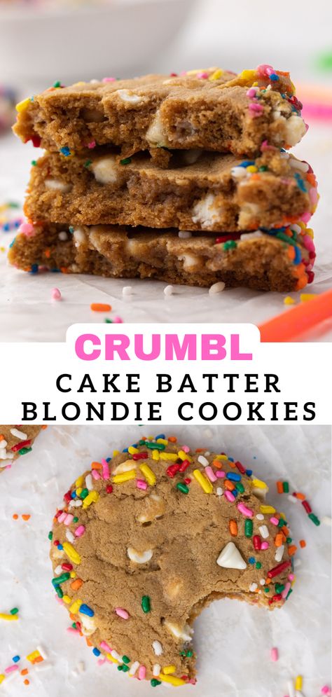 The Best Crumbl Cake Batter Blondie Cookies - Lifestyle of a Foodie Essen, Crumbl Cookie Copycat Cake Batter Blondie, Crumbl Cookie Copycat Cake Batter, Cake Batter Crumble Cookie, Cake Batter Blondie Crumbl Cookie, Cookie Cake Flavors, Copycat Cookie Recipes, Crumbl Recipes, Blondie Cookies