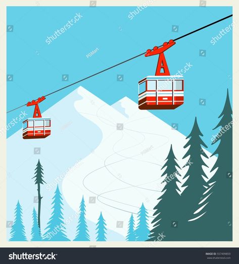 Vintage Winter cartoon background, poster. Red ski Lift Gondolas moving in Snow Mountains #Ad , #Sponsored, #background#poster#Red#Vintage Gondola Illustration, Maze Ideas, Kreativne Ideje, Ski Gondola, Snowboard Art, Trippy Cartoon, Snow Vector, Mountain Winter, Valentine Boxes