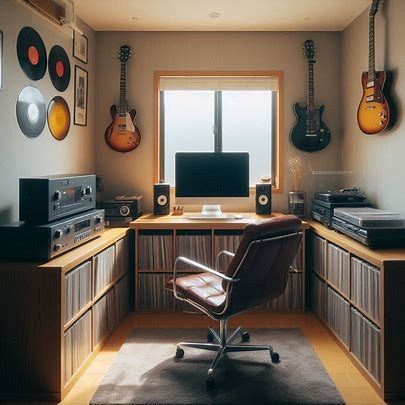 A small room - 2.5m x 3.5m - with a 1m wide window on the short wall. It has a dark wood desk with a computer screen, a nice desktop hifi system, and a nice leather office chair. There is a cabinet with lots of vinyl records.Three electric guitars hang on the wall. - Image Creator from Microsoft Designer Small Guitar Room, Dark Wood Desk, Hifi System, Wide Window, Small Guitar, Guitar Room, Man Office, Guitar Wall, Wide Windows