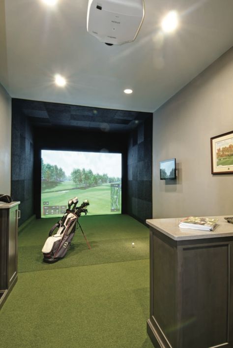 How We Turned a 3 Car Garage Into a Home Golf Simulator Room | Garage Remodeling in Columbus, Ohio - Dave Fox Home Golf Simulator Room, Diy Golf Simulator, Golf Man Cave, Simulator Room, Home Golf Simulator, Indoor Golf Simulator, Office Golf, Golf Simulator Room, Garage Game Rooms