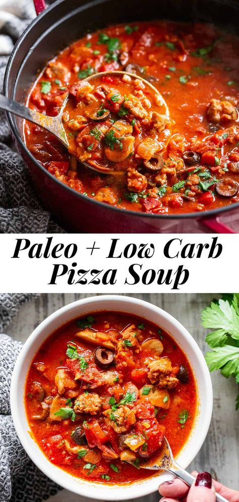 This low carb and paleo pizza soup is hearty, comforting and packed with all your favorite pizza toppings like sausage, peppers, onions, mushrooms, olives and pepperoni. Add broth and your favorite marinara sauce and you have a healthy meal that tastes just like pizza but without the carbs and dairy! #whole30 #paleo #keto #cleaneating Peppers Onions Mushrooms, Sausage Peppers Onions, Pizza Soup, Paleo Pizza, Sausage Peppers, Paleo Soup, Egg Diet Plan, Low Carb Low Fat Recipes, Boiled Egg Diet Plan