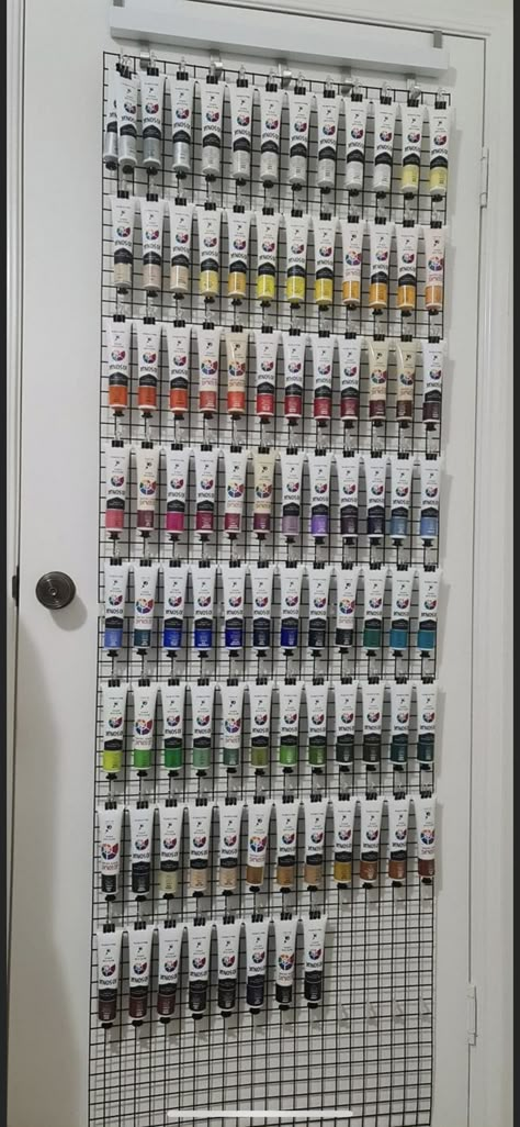 Art Studio Paint Storage, Paint Studio Organization, Art Materials Storage, Paint Storage Ideas Acrylic, Art Paint Storage Ideas, Art Studio Wall Storage, Diy Art Studio Organization, Organized Art Supplies, Painting Studio Organization